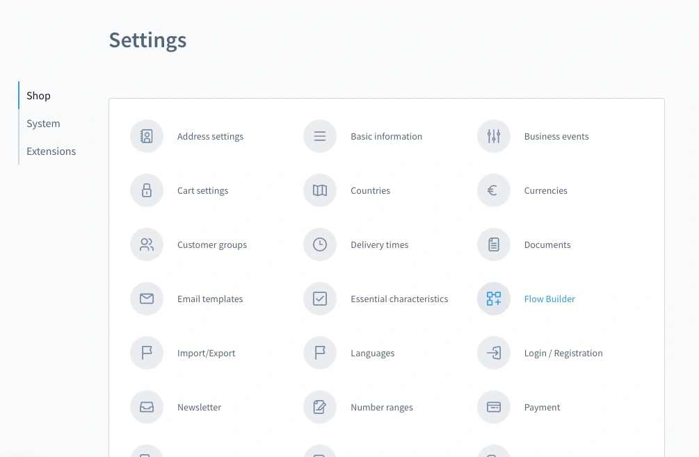 Hier siehst du blau hervorgehoben den Flow Builder in den Einstellungen des Admin-Bereichs