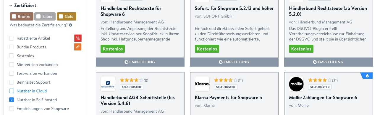 Wähle "Nutzbar in Self-hosted", um die Plugins zu finden